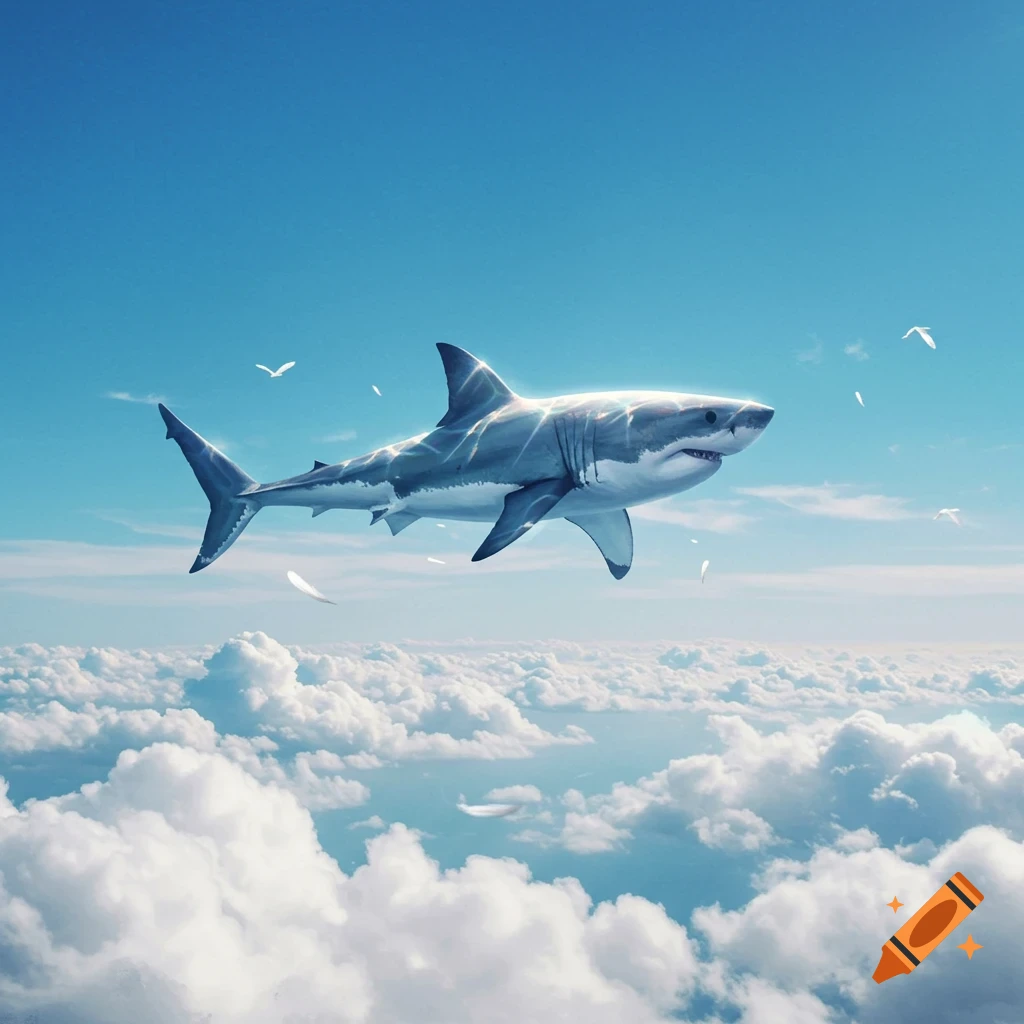 A shark flying through a bright blue sky above a vast expanse of white clouds, with small birds and feathers floating around.
