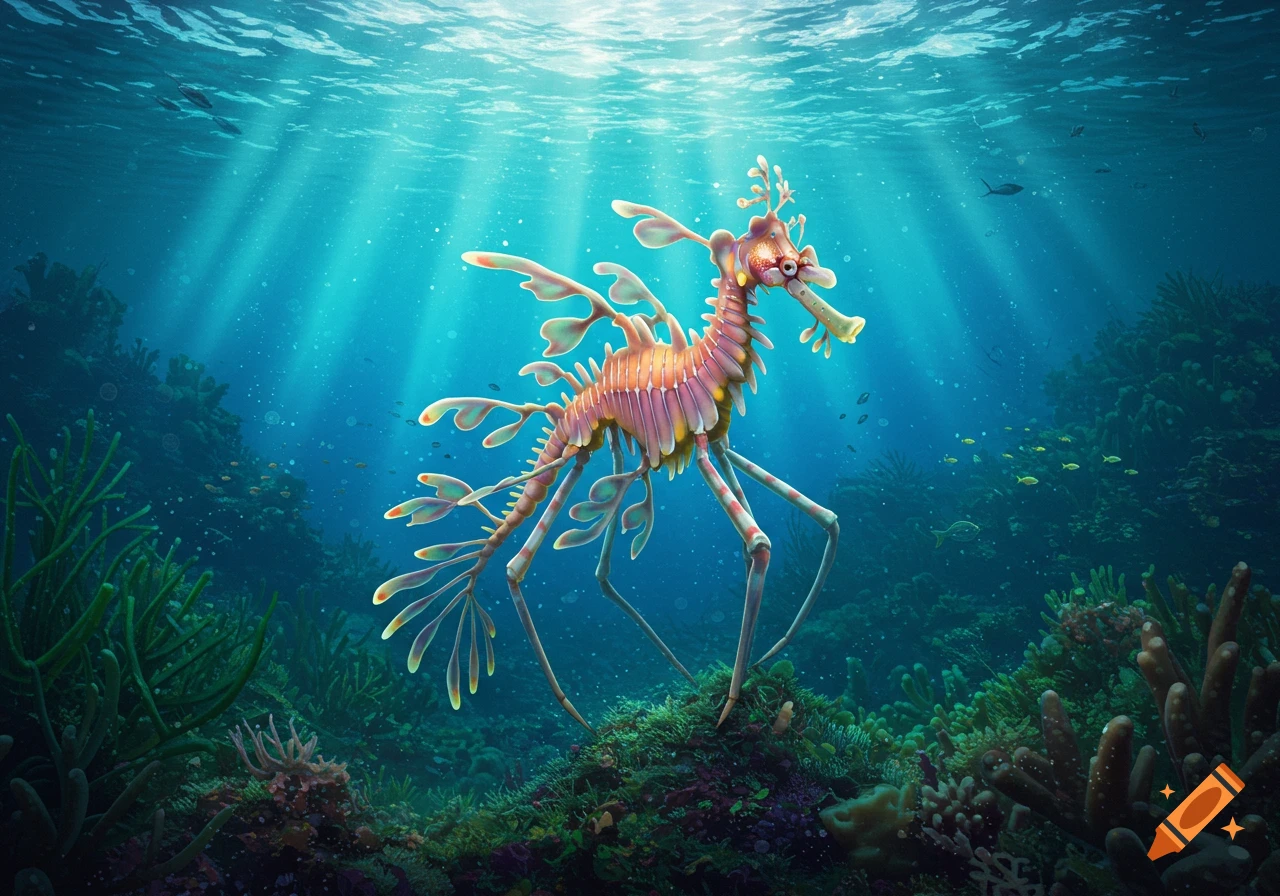 A vibrant, stylized leafy sea dragon and spider crab hybrid swims among corals in a luminous blue underwater scene.