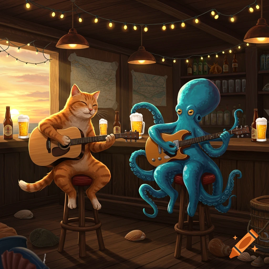 An anthropomorphic orange tabby cat and a blue octopus play guitars and drink beer in a rustic bar with a sunset view.