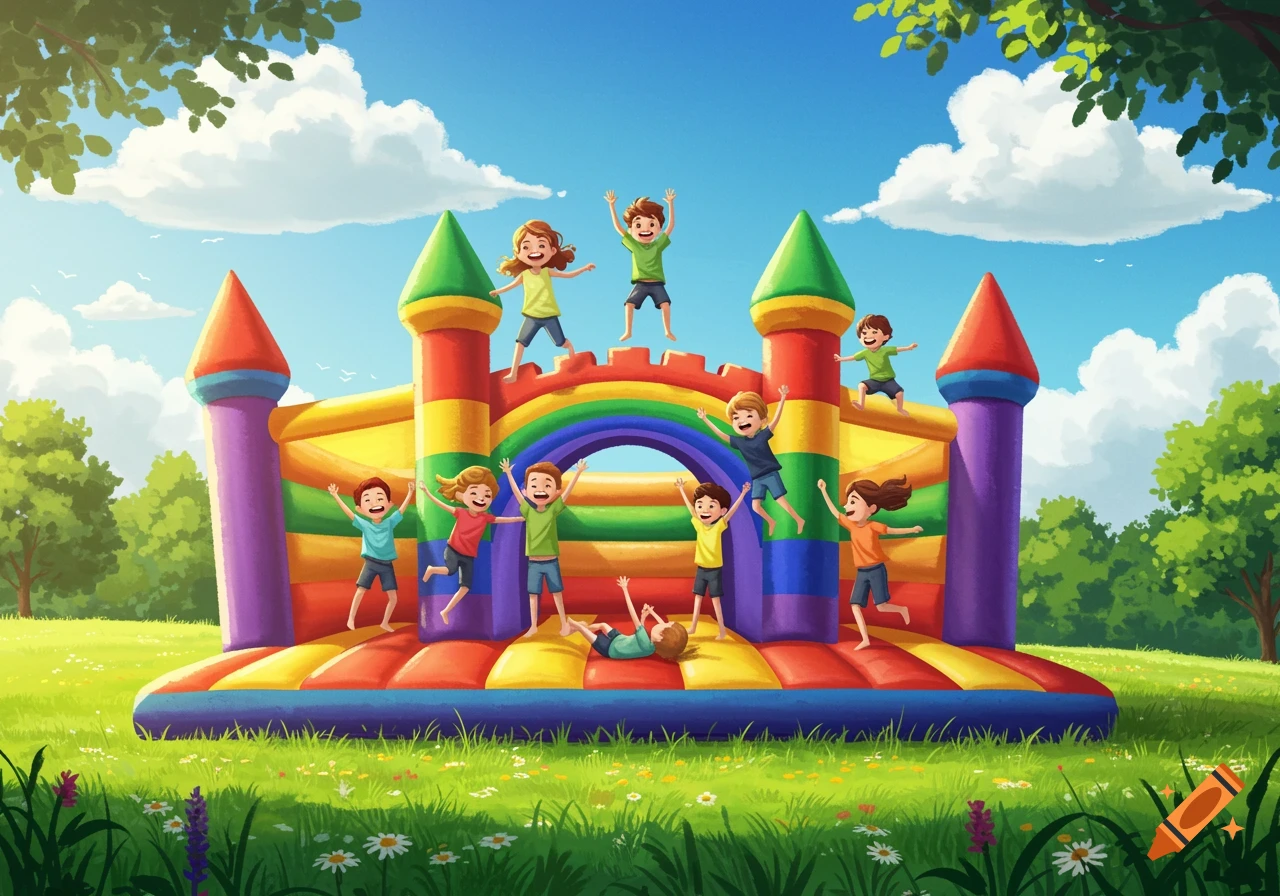 Happy children jumping on a colorful bouncy castle in a grassy park under a blue sky.
