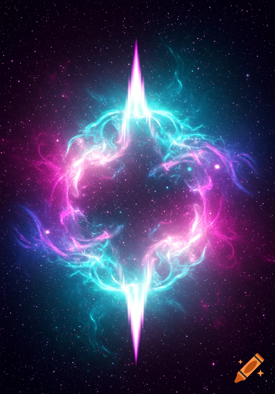 Vibrant abstract cosmic scene with glowing pink and blue energy forms radiating light against a dark, starry background.