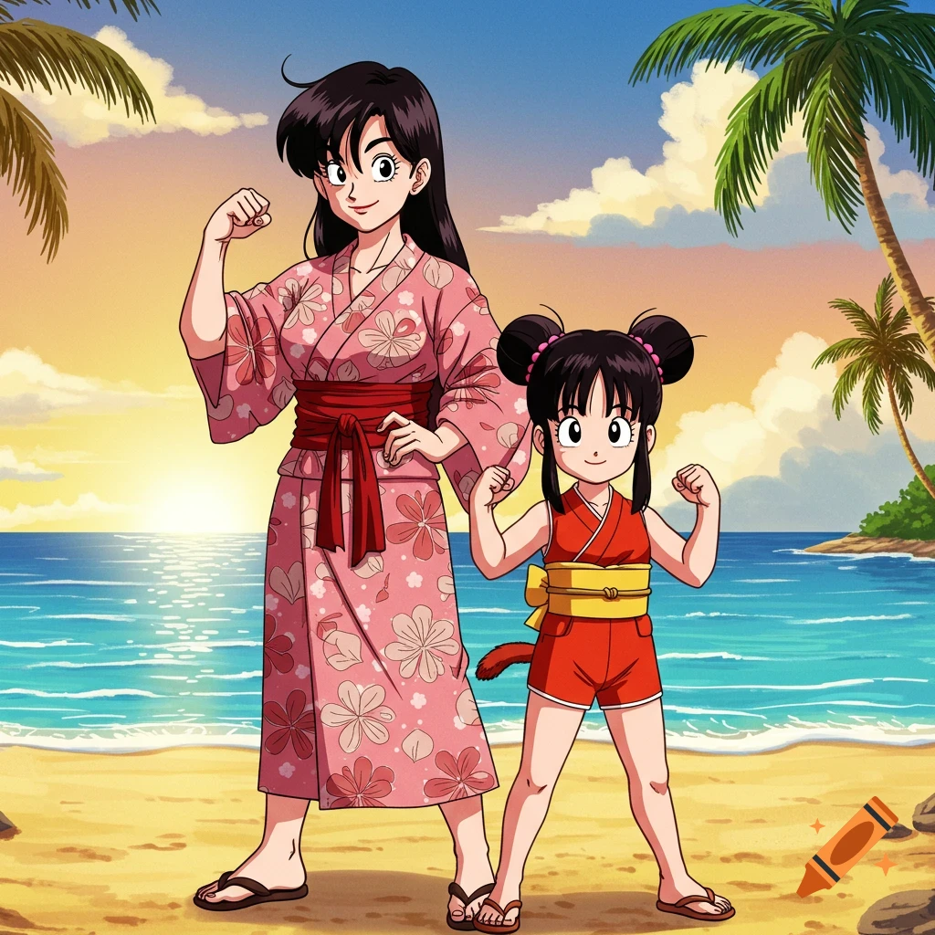 An anime-style image of a woman in a pink floral yukata and a young girl in a red swimsuit, both flexing their arms on a sunny beach with palm trees and the ocean in the background.