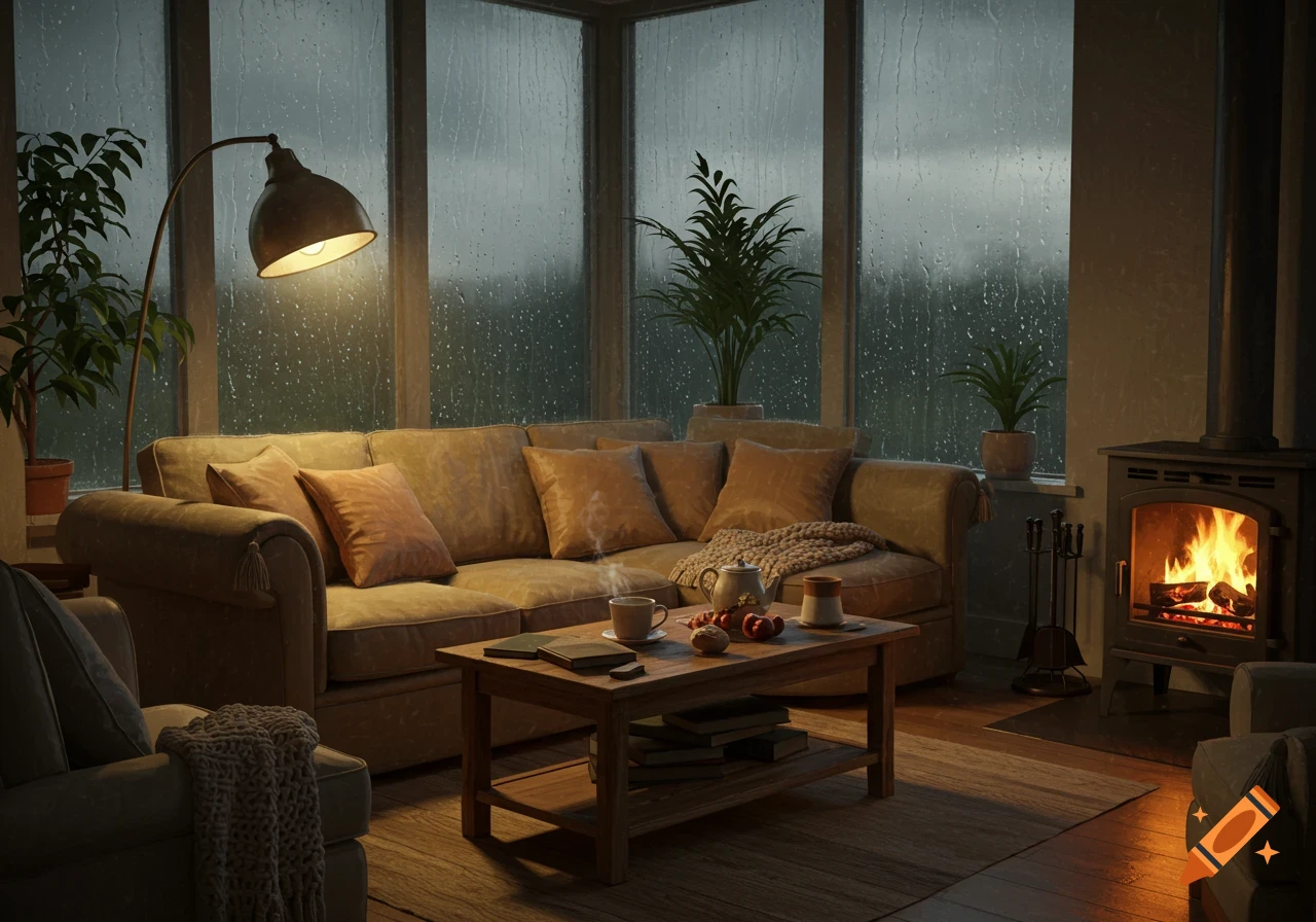 A warm and cozy living room on a rainy day, featuring a lit fireplace, a comfortable sofa with pillows, and large windows showing raindrops.
