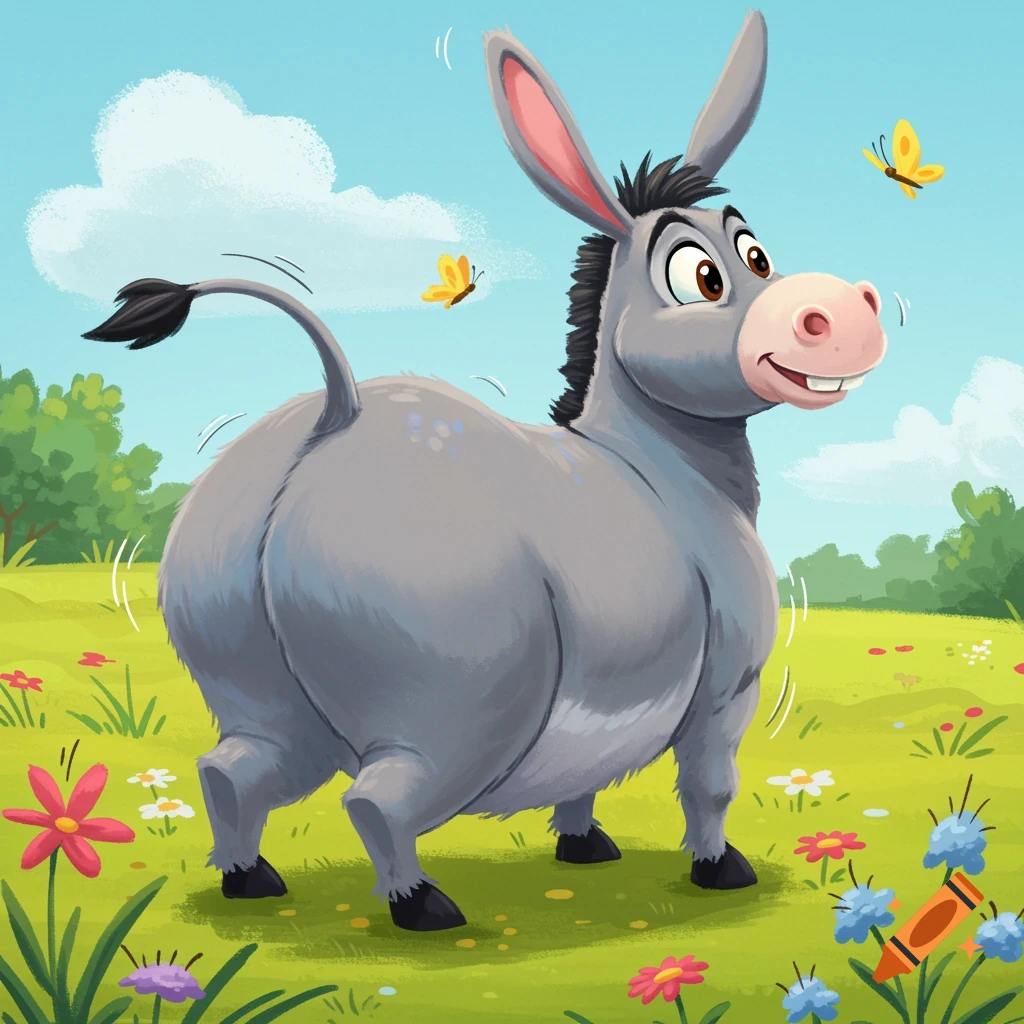A smiling cartoon donkey with large ears stands in a vibrant green field with colorful flowers and yellow butterflies.