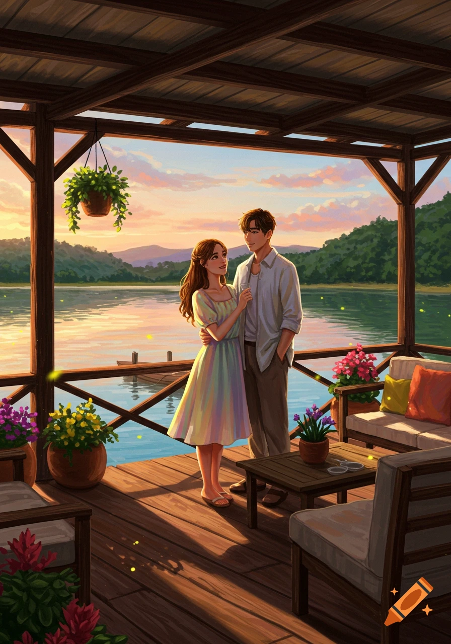 An illustration of a young couple standing on a wooden patio overlooking a lake at sunset, surrounded by potted plants.