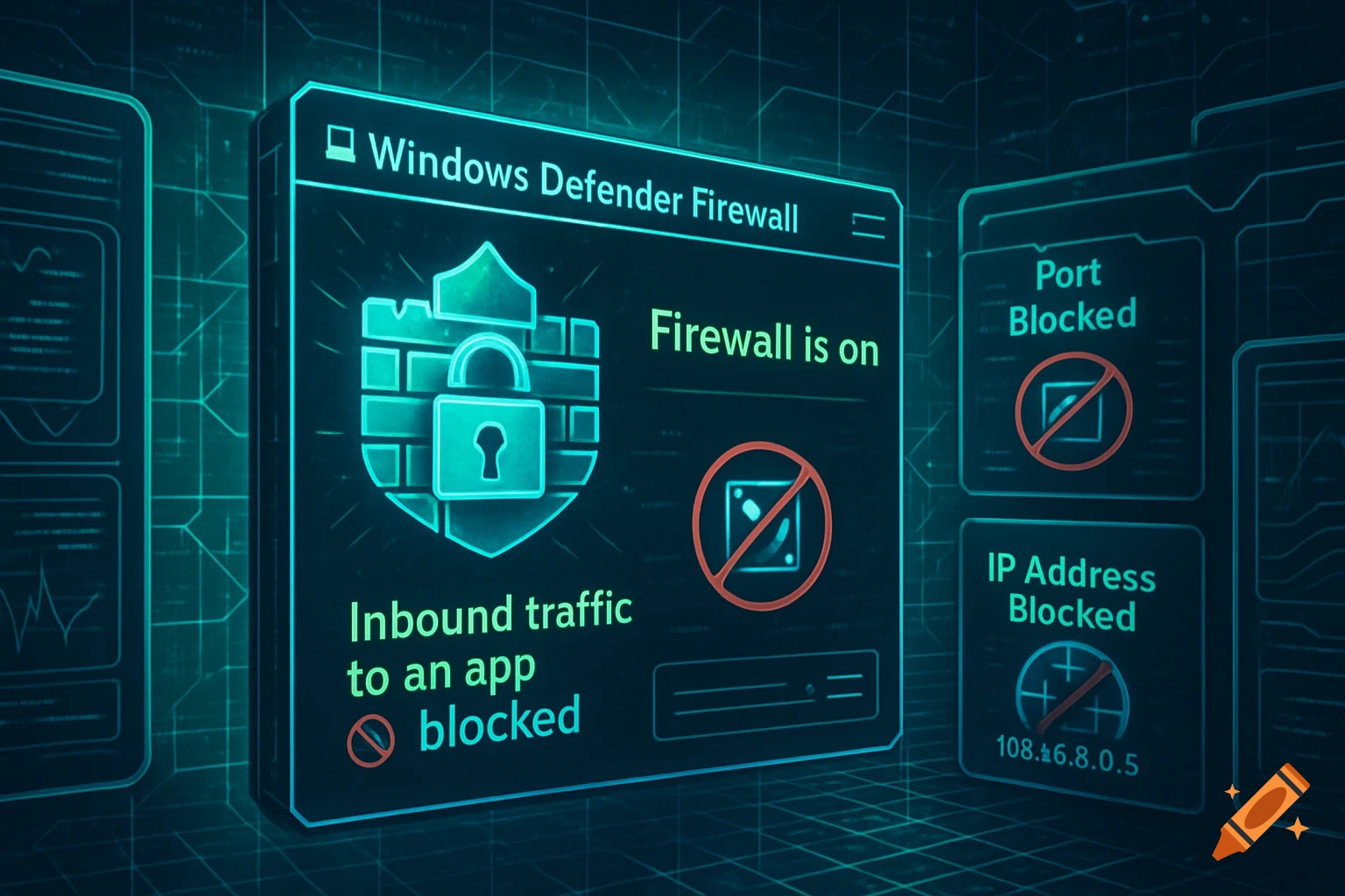 A digital interface showing Windows Defender Firewall enabled, blocking inbound traffic from an app, a port, and an IP address.