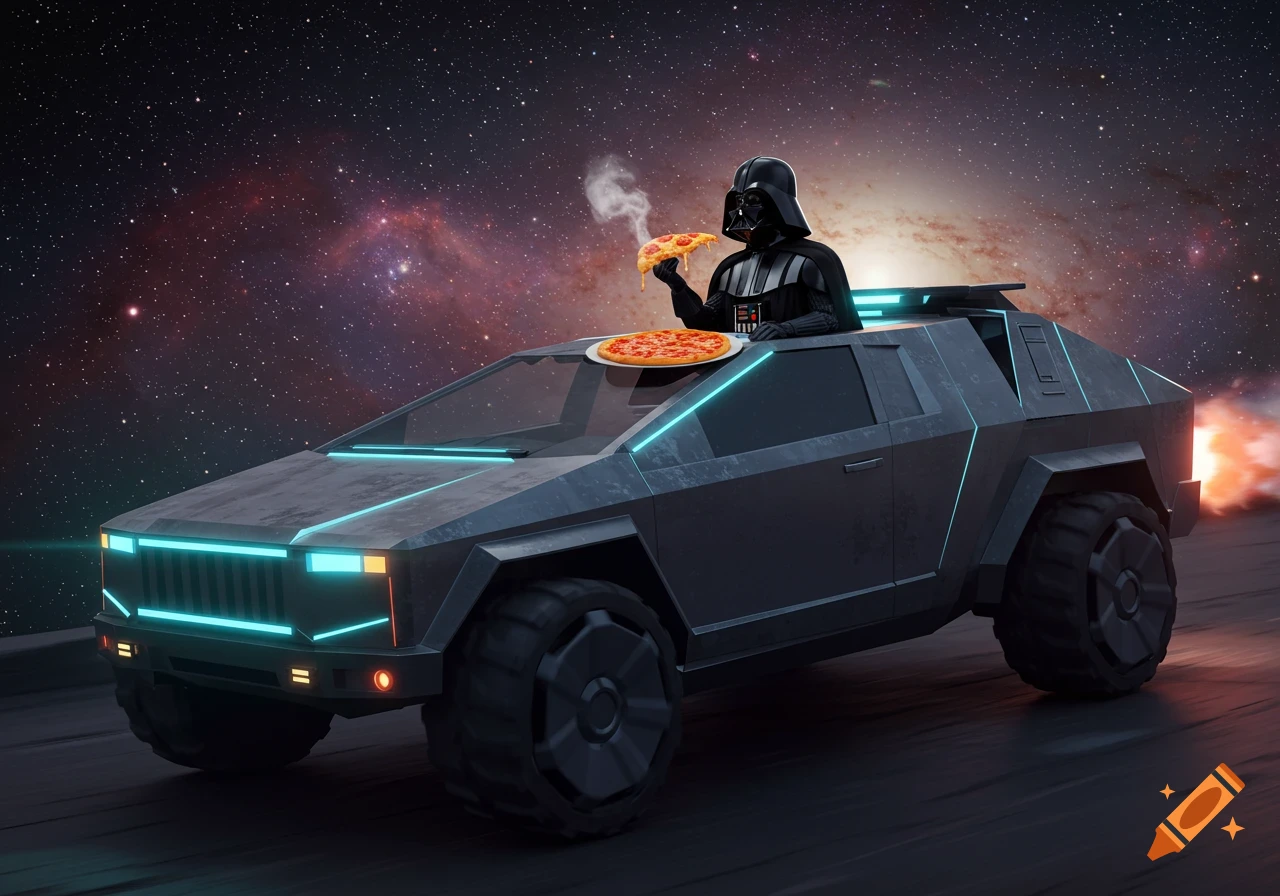 Darth Vader drives a futuristic Cybertruck through space while eating a slice of pizza, with a whole pizza on the dash.