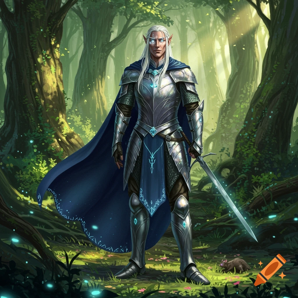 A male elf warrior in silver armor and a blue cape stands in a mystical forest, holding a glowing sword.