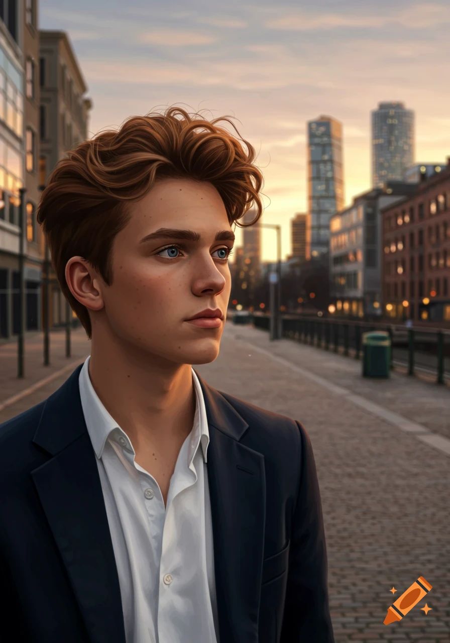 A photorealistic portrait of a young man with curly brown hair and blue eyes, wearing a suit jacket and white shirt, looking into the distance on a city street at sunset.
