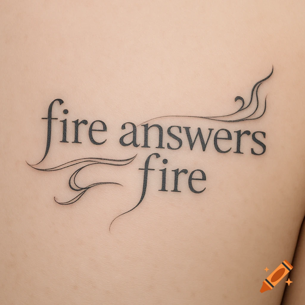 Close-up of a tattoo on skin that reads 'fire answers fire' with decorative swirls.