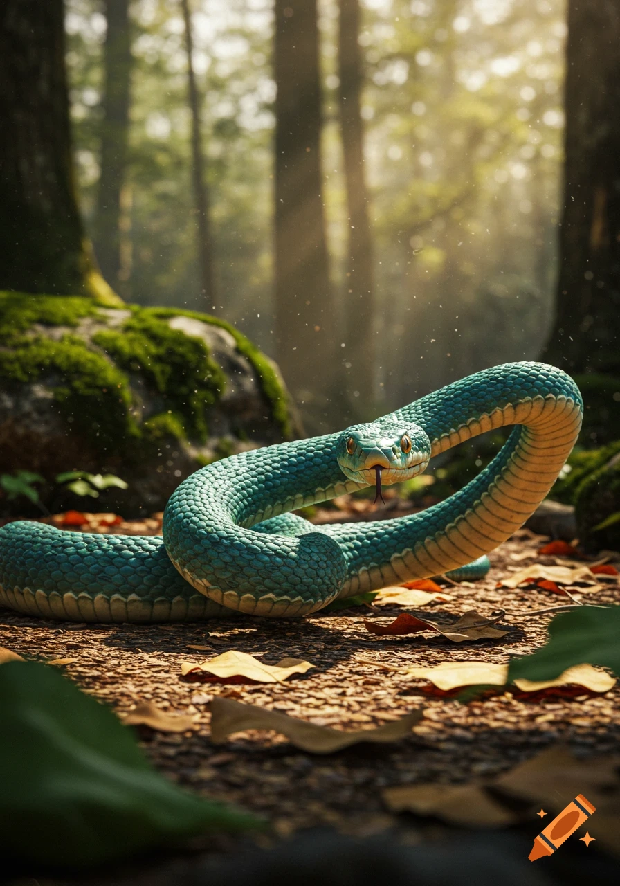 A photorealistic blue-green snake poised to strike on the forest floor, with sunbeams filtering through trees.