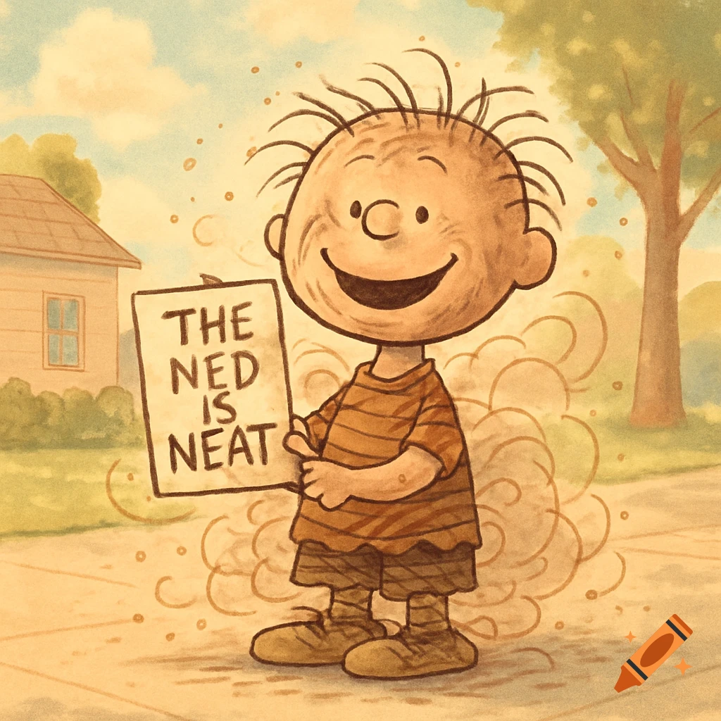 Pigpen from Peanuts cartoon holding a sign that says 'THE NED IS NEAT', surrounded by dust, in a street scene.