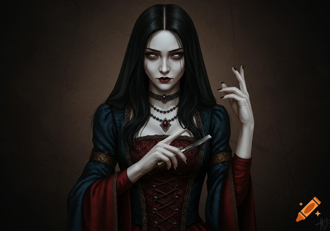 A stylized gothic woman with long black hair, pale skin, and dark eyes, wearing a red and blue medieval-style dress and necklaces, holding a small blade. Dark background.