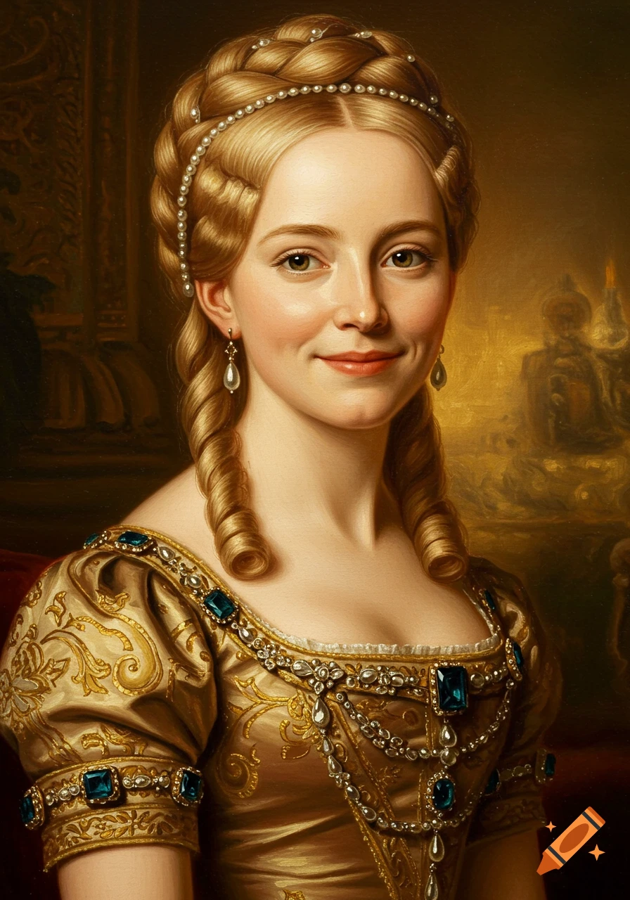 Oil painting of a young woman with braided blonde hair adorned with pearls, wearing a gilded, jewel-encrusted gown.