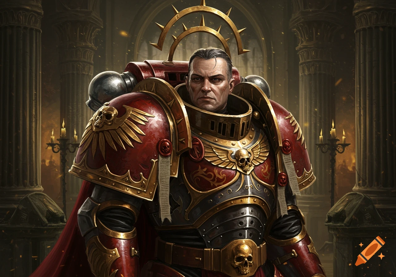 Portrait of a stern man in elaborate red and gold armor with a spiked halo, set in a dark, gothic interior.