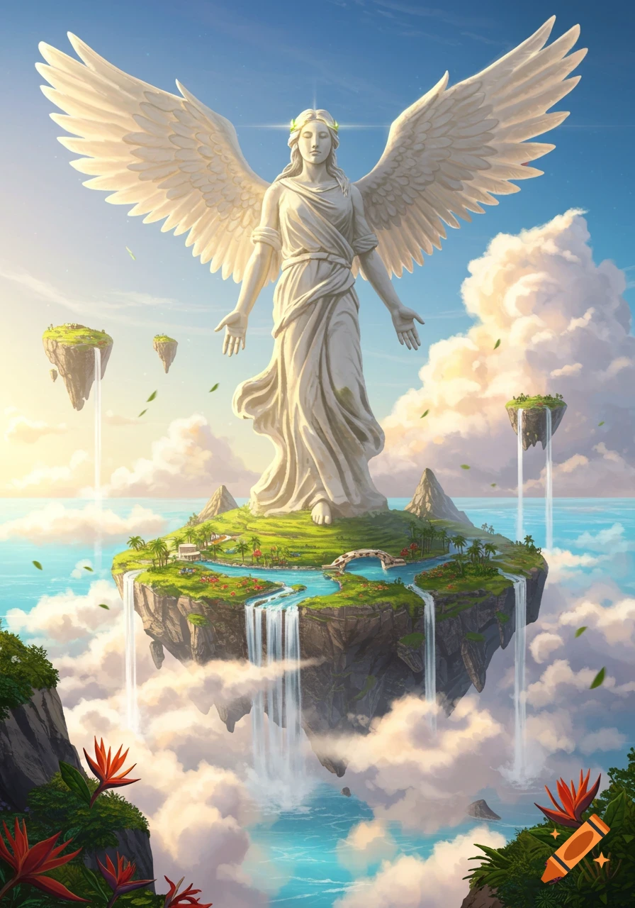 A majestic white angel statue stands on a lush floating island with waterfalls, surrounded by smaller islands and clouds over a turquoise ocean under a bright blue sky, in a fantasy art style.
