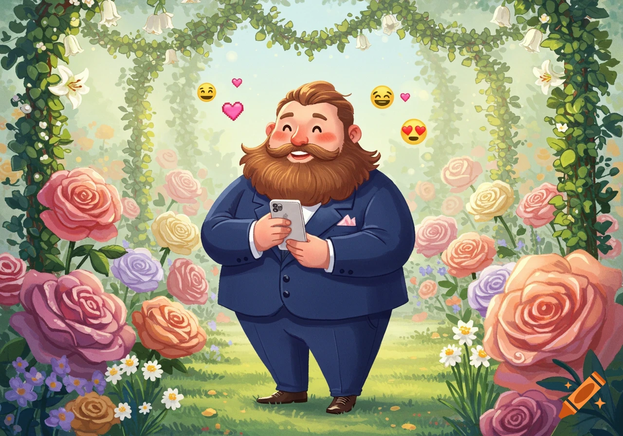 A charming cartoon overweight man with a large beard in a blue suit smiles while looking at his phone, surrounded by colorful roses, vines, and floating emojis.