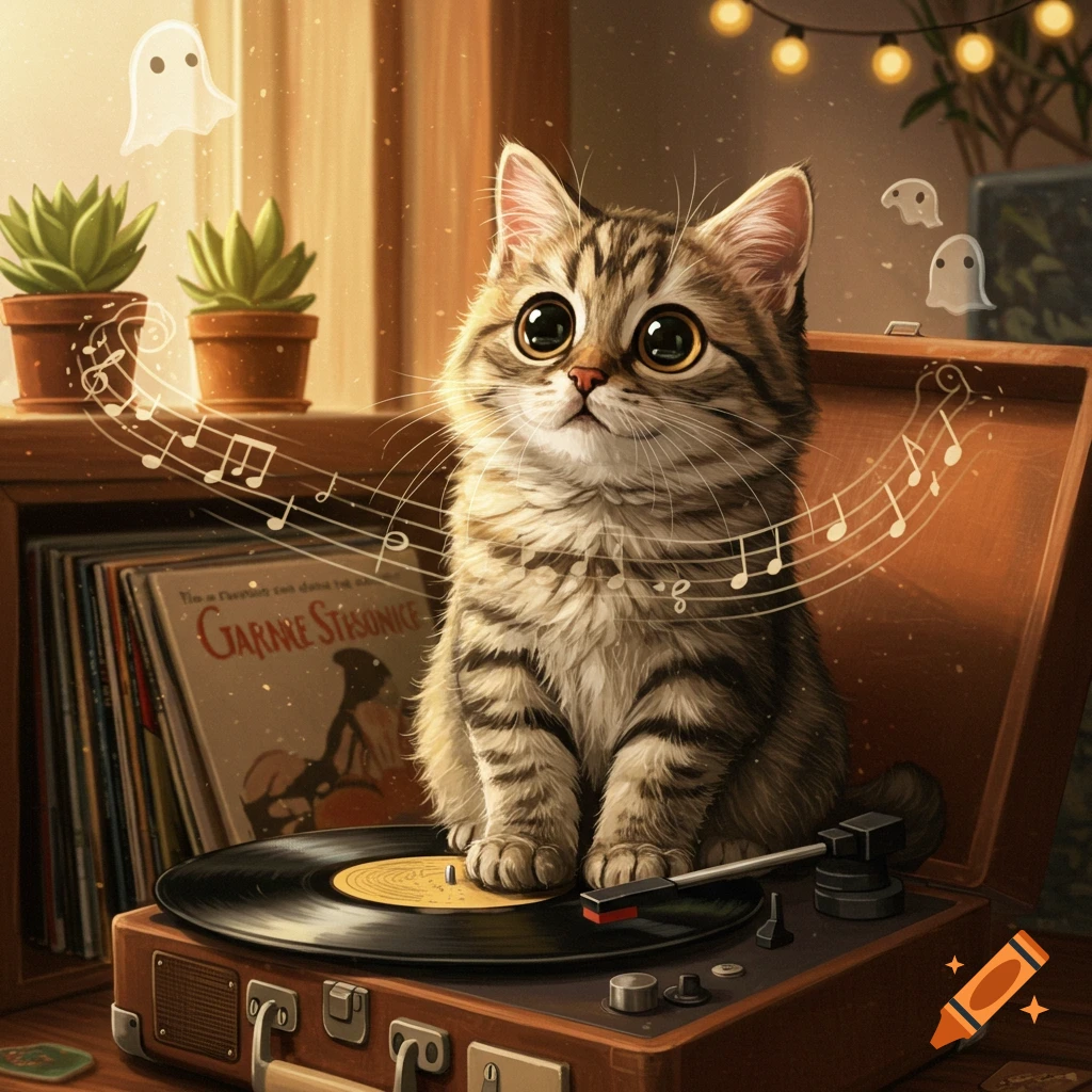 A cute, big-eyed tabby cat sits on a vintage record player with musical notes floating around it in a warm-lit room.
