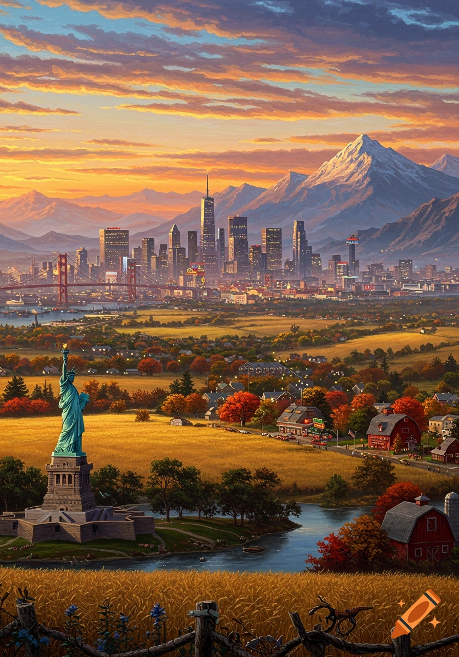 A vibrant, stylized landscape features the Statue of Liberty in a golden field, a city skyline with a bridge, and snow-capped mountains at sunset.