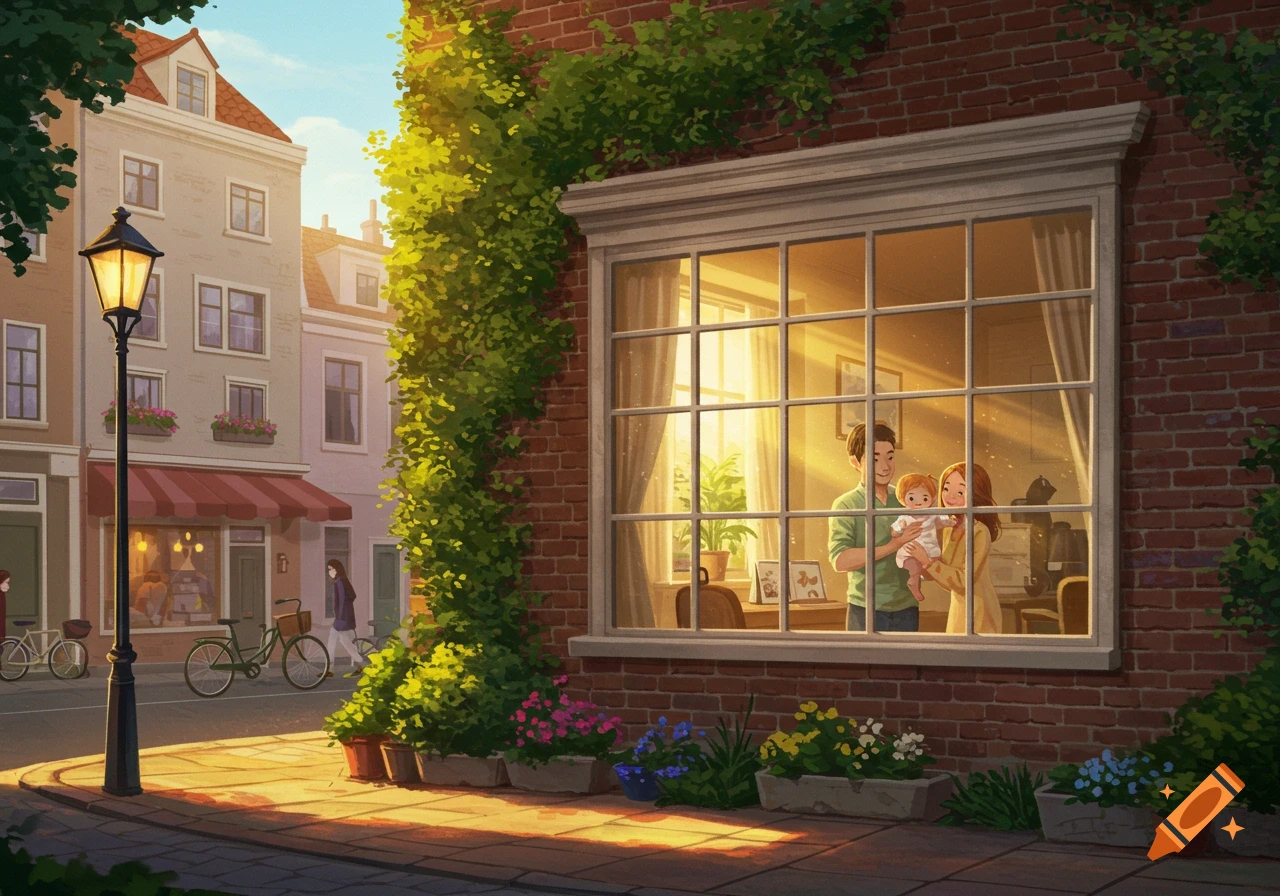 A family (father, mother, and baby) looks out from a sunlit window of a brick house on an urban street with trees and flowers. Illustrative style.