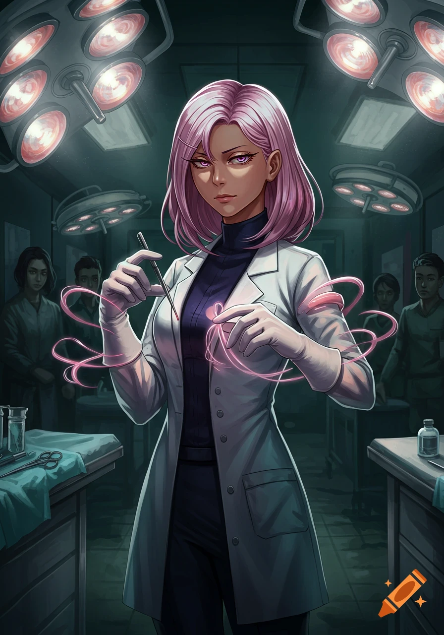 An anime-style woman with pink hair in a lab coat and gloves, holding a surgical tool and ethereal pink tendrils in an operating room.