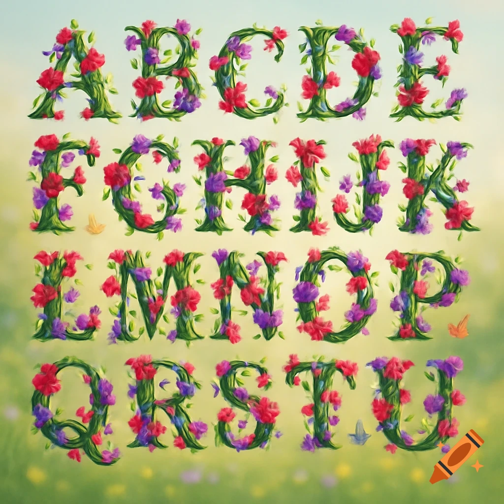 Alphabet letters made of green vines and colorful red and purple flowers, set against a blurry green and blue background.