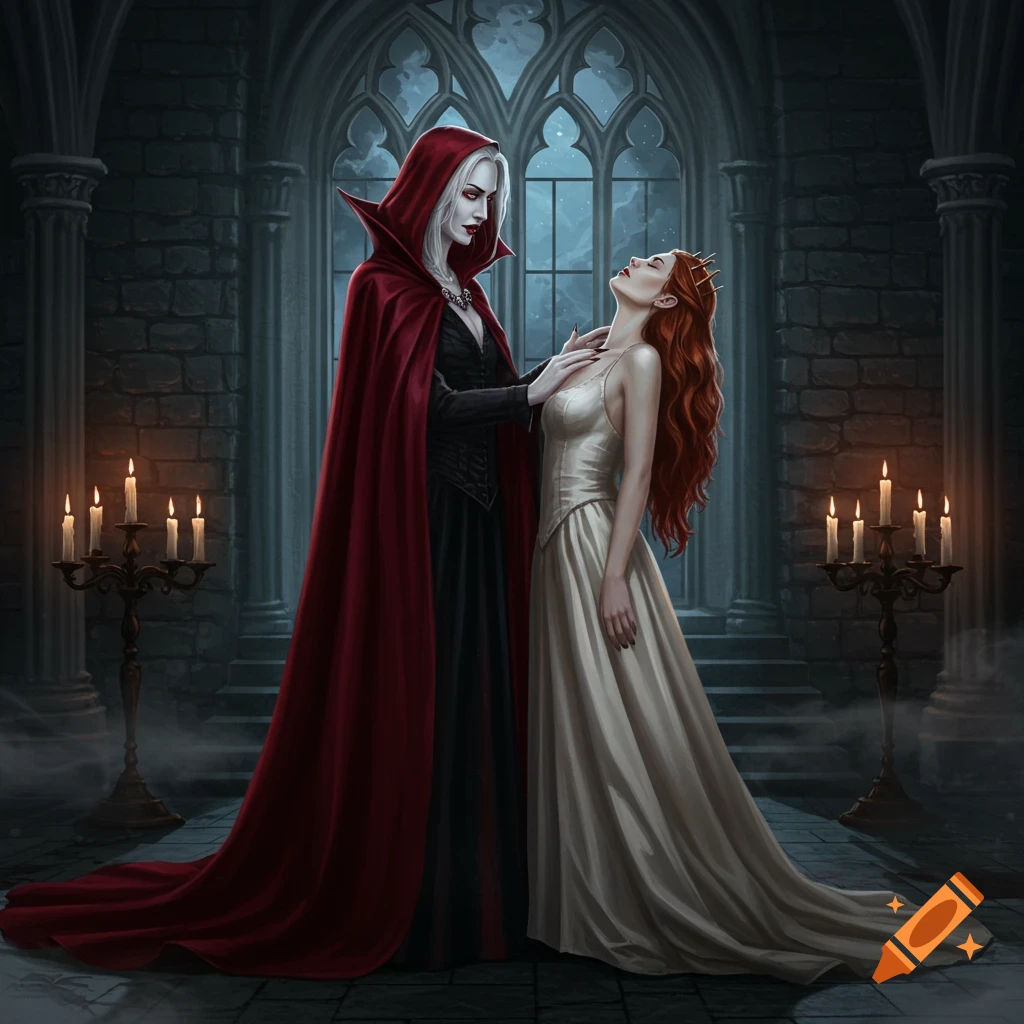 A white-haired vampire in a red cloak stands over a red-haired woman in a white dress in a gothic hall.