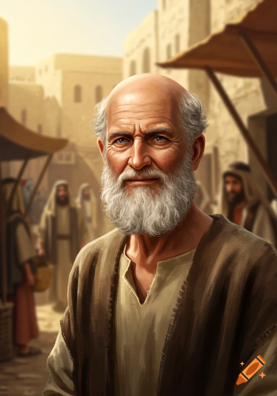 A detailed portrait of an old bald man with a thick white beard and blue eyes, wearing simple robes, standing in an ancient marketplace.