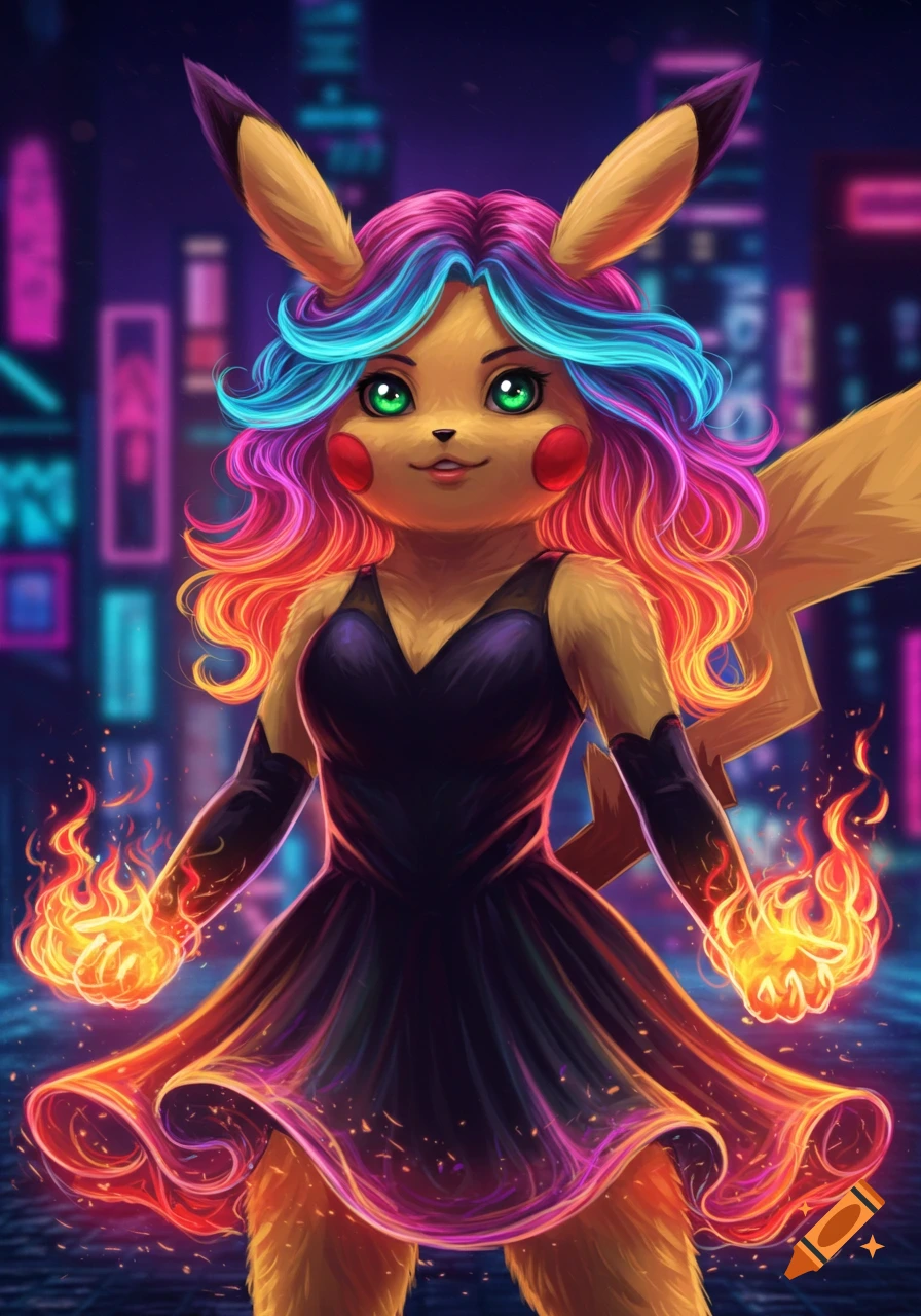 A humanized Pikachu with rainbow hair and green eyes, wearing a black dress and holding fire, stands in a neon city night. Digital art.