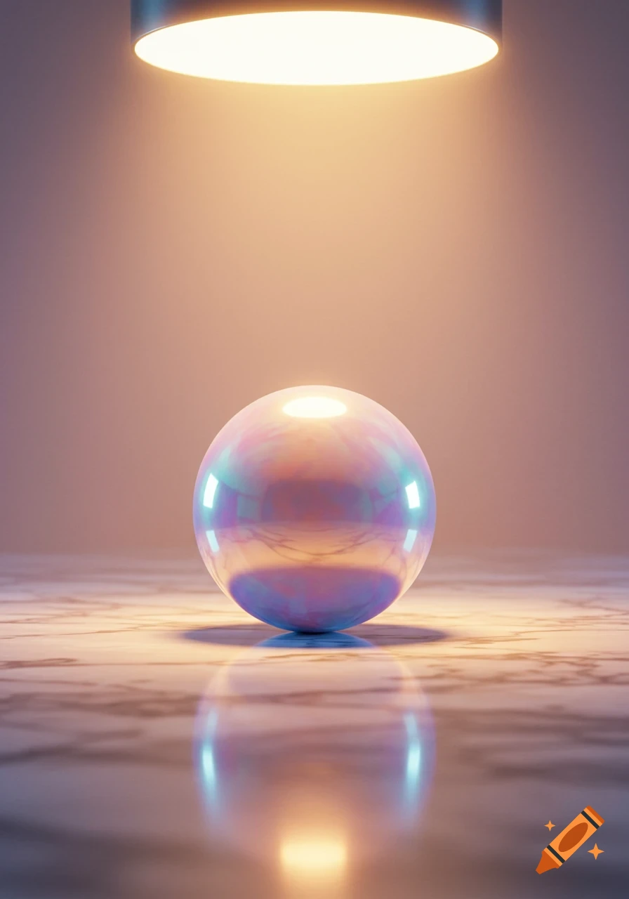 An iridescent sphere reflecting a bright overhead light on a reflective marble surface.