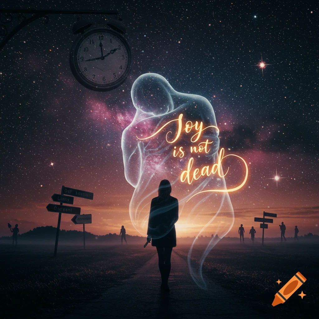 A silhouette of a person walks on a road with signposts under a starry sky with a large, glowing, translucent figure embracing them. The words "Joy is not dead" glow on the figure.