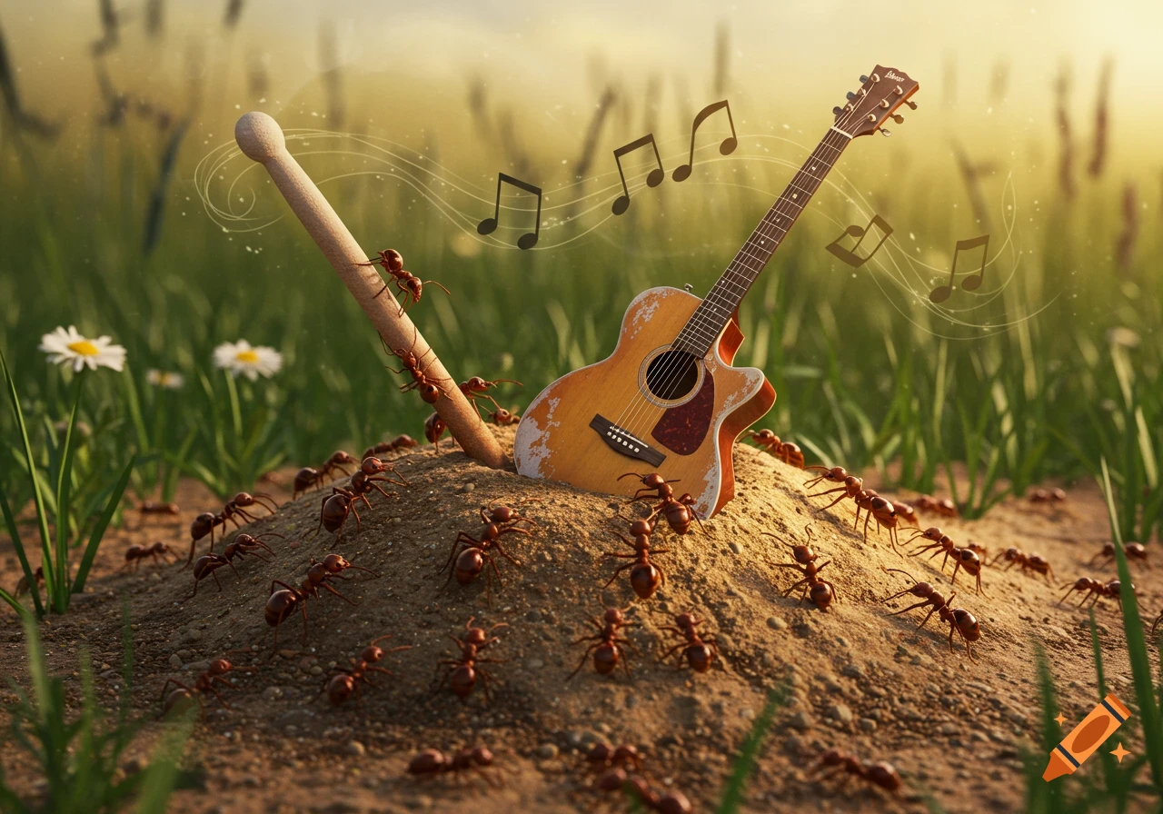 Photorealistic image of a drumstick and an acoustic guitar stuck in an ant mound with ants crawling on them, surrounded by grass and musical notes.