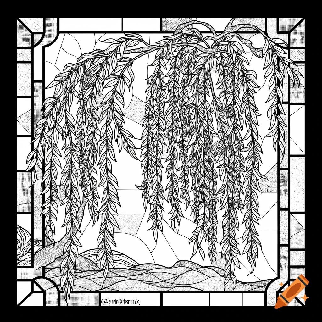 Black and white line art of a weeping willow in a stained glass window style.