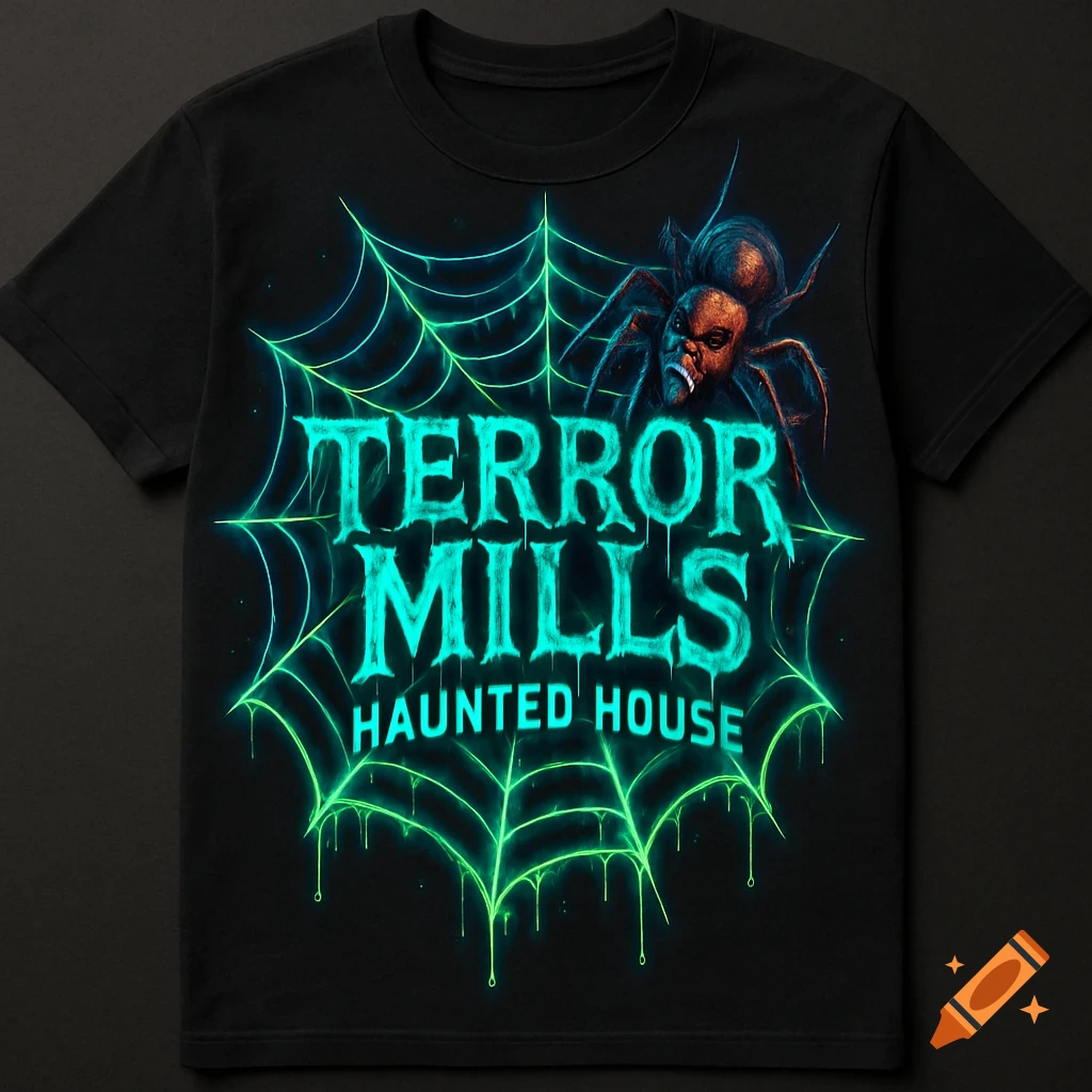 A black t-shirt featuring a glowing green spiderweb design with the text 'TERROR MILLS HAUNTED HOUSE' and a spider with a skull face.