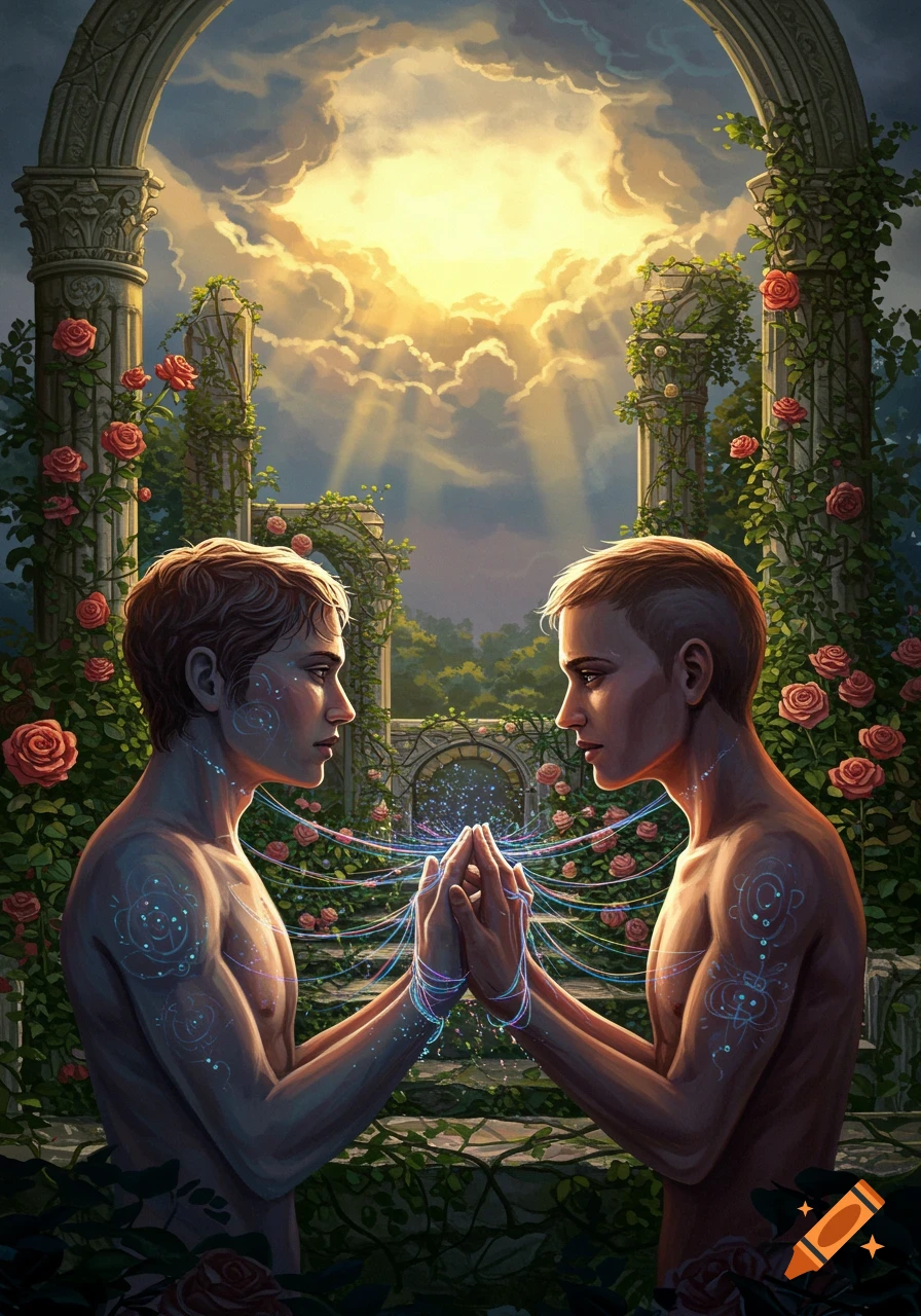 Two shirtless men with glowing patterns on their bodies hold hands amidst rose-covered ruins under a radiant, cloudy sky, connected by glowing threads.