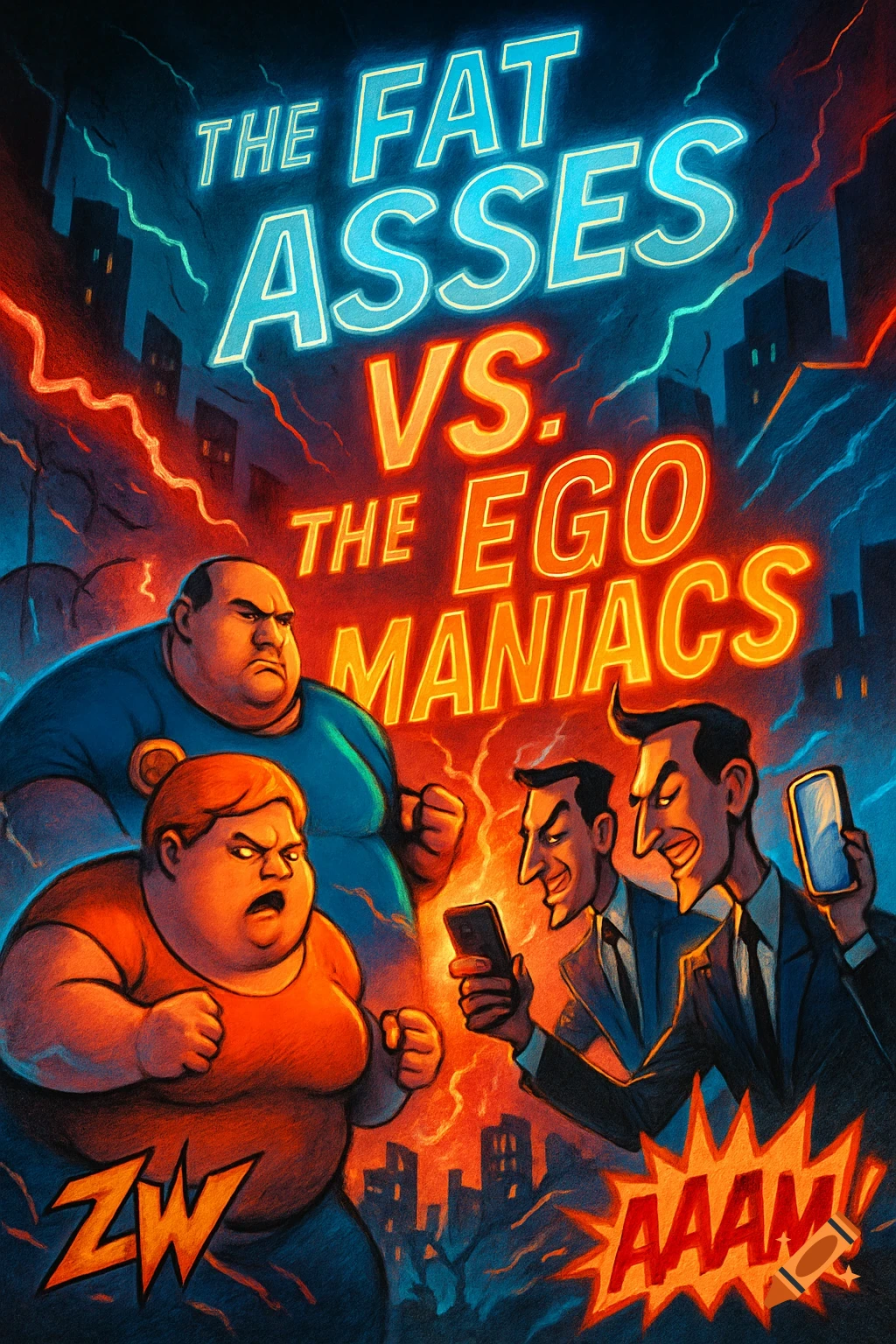 Cartoon movie poster for 'THE FAT ASSES VS. THE EGO MANIACS' showing two large characters confronting two businessmen against a stormy city background.