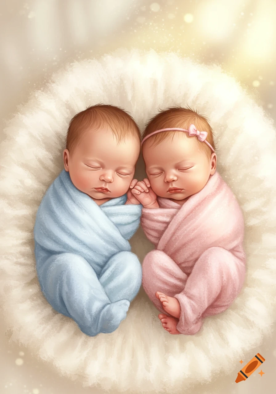 Digital illustration of two sleeping newborn babies, a boy in blue and a girl in pink, on a fluffy white surface.