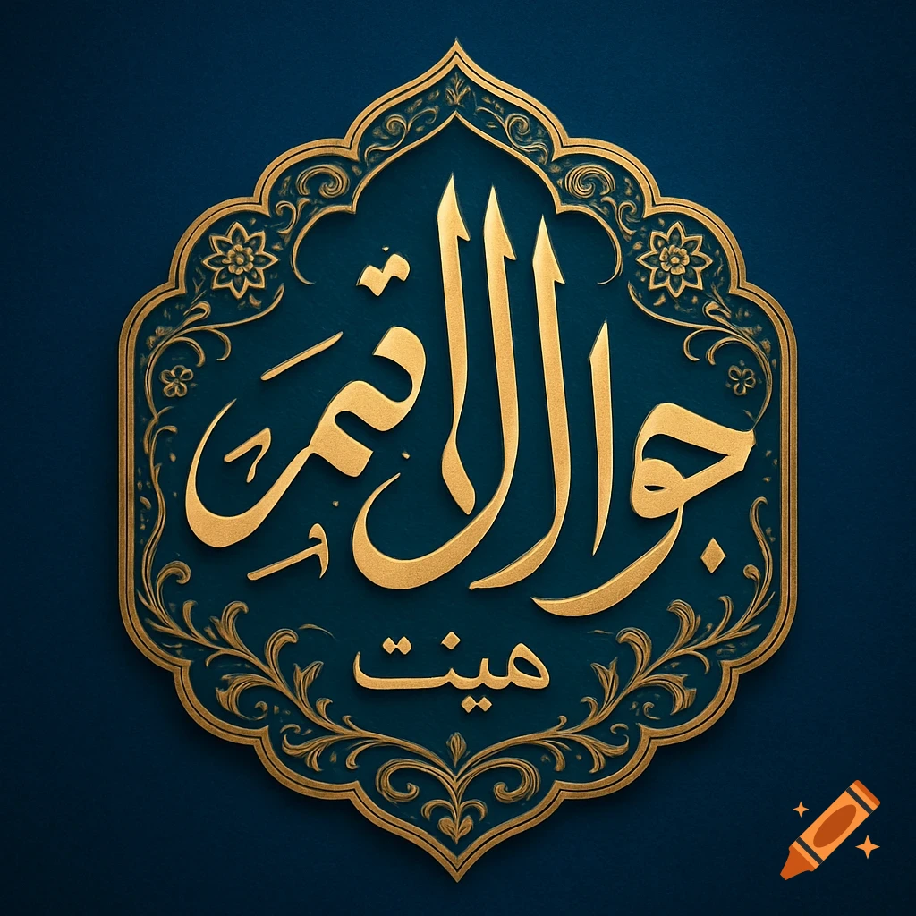 A gold Arabic calligraphy of "Javad Al-A'imma" and "Hay'at" within an ornate golden frame on a deep blue background.
