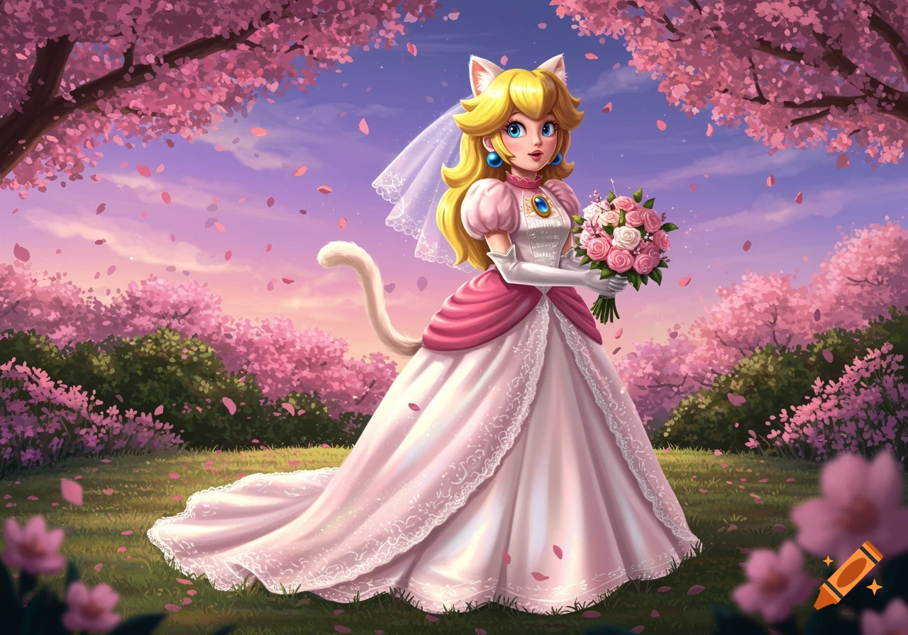 Princess Peach in a wedding dress with cat ears and tail holds a bouquet in a cherry blossom garden.