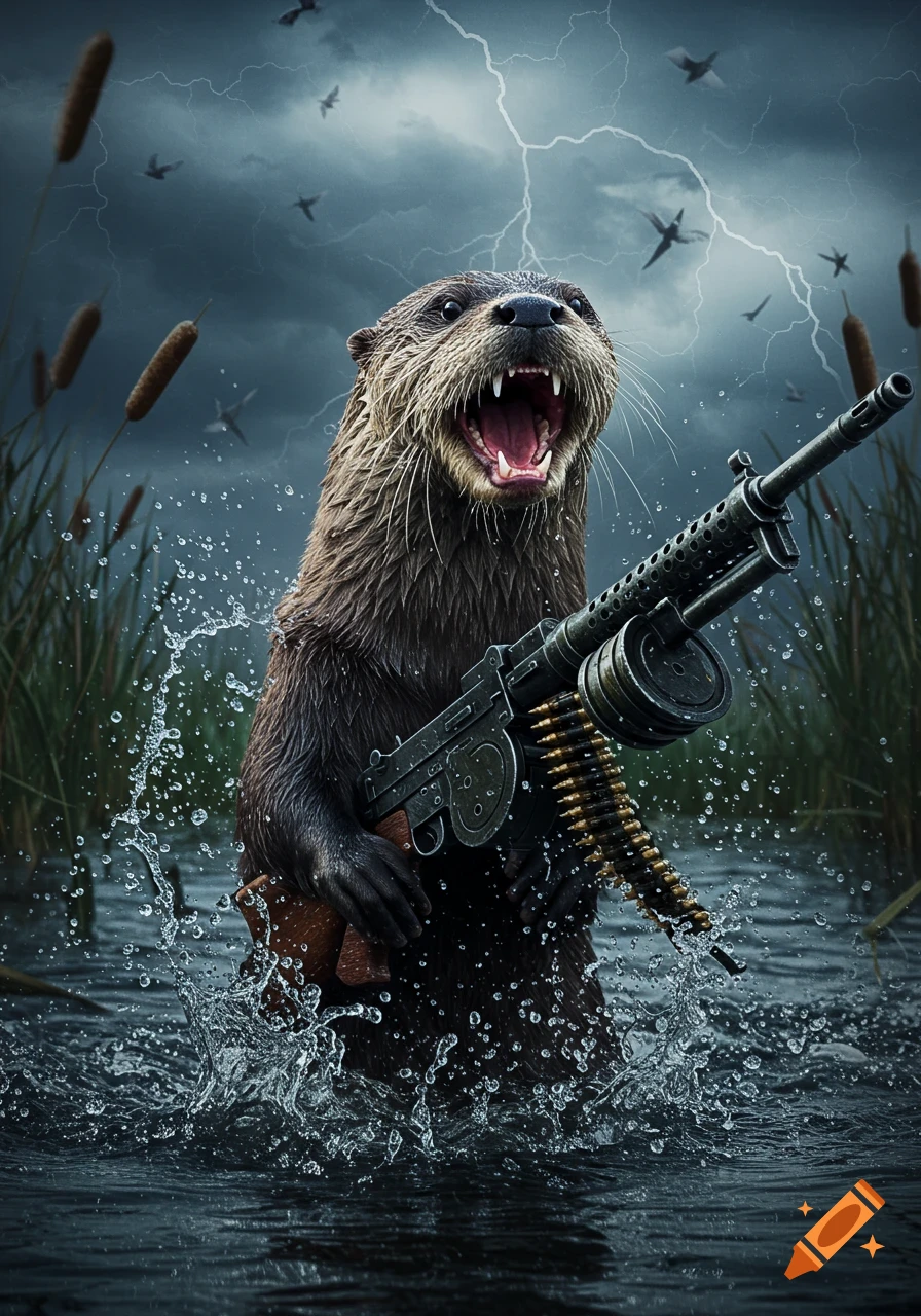 An angry photorealistic otter emerges from dark water, holding a machine gun under a stormy sky with lightning.