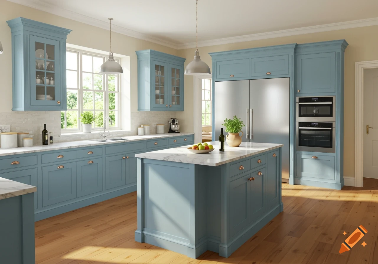 A photorealistic kitchen with light blue cabinets, white countertops, a large island, and wood floors.
