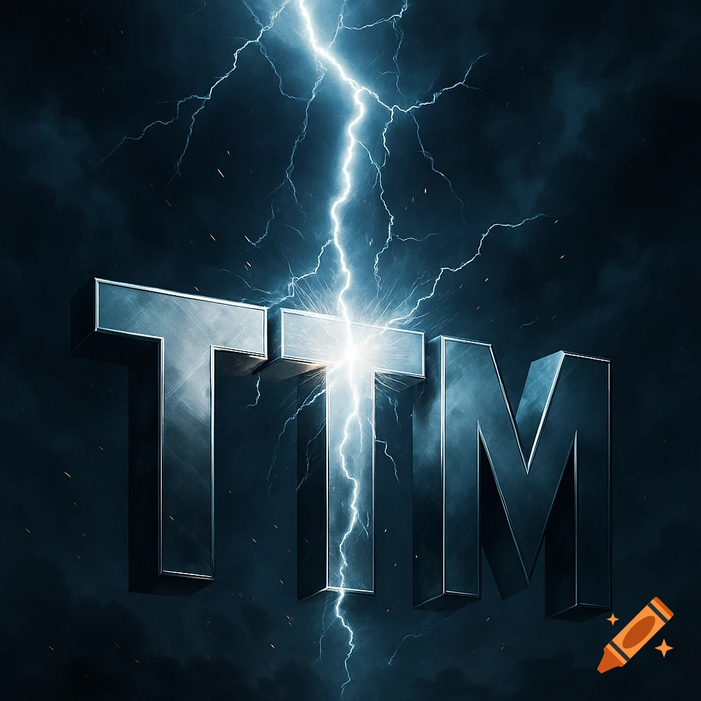 Three metallic letters 'TTM' are struck by a bright lightning bolt against a dark, stormy background.