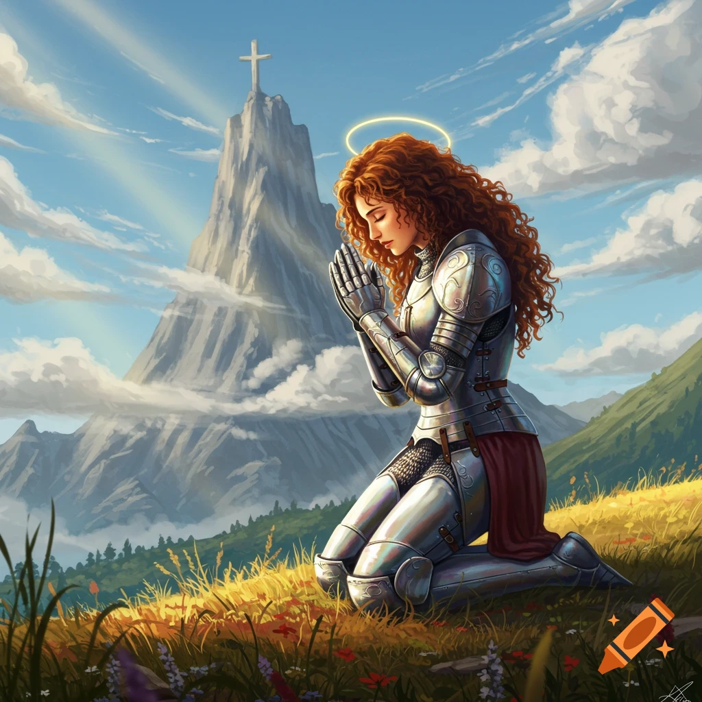 A female knight with curly red hair kneels in prayer on a grassy hill, a mountain with a cross in the background under a blue sky.