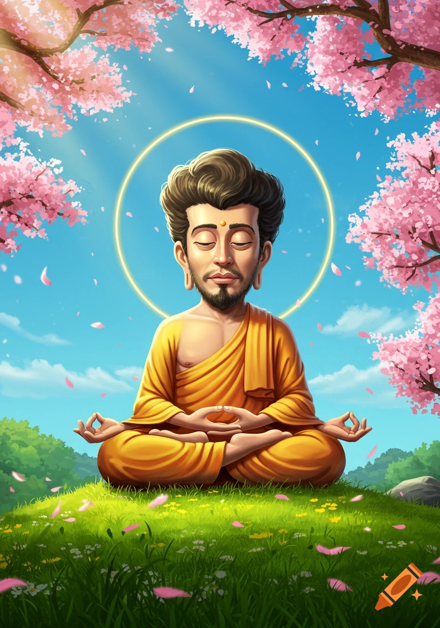 A cartoon-style Buddha-like figure, resembling Bobby Hill, meditating peacefully on a grassy hill under cherry blossom trees.