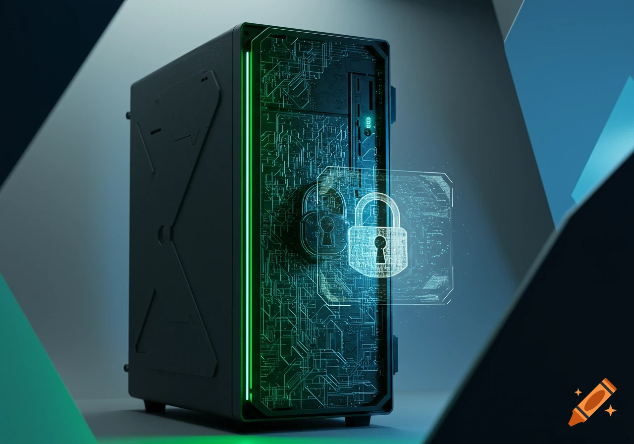 A black computer tower with glowing green lights and digital circuit patterns, featuring two superimposed holographic padlock icons, symbolizing security.