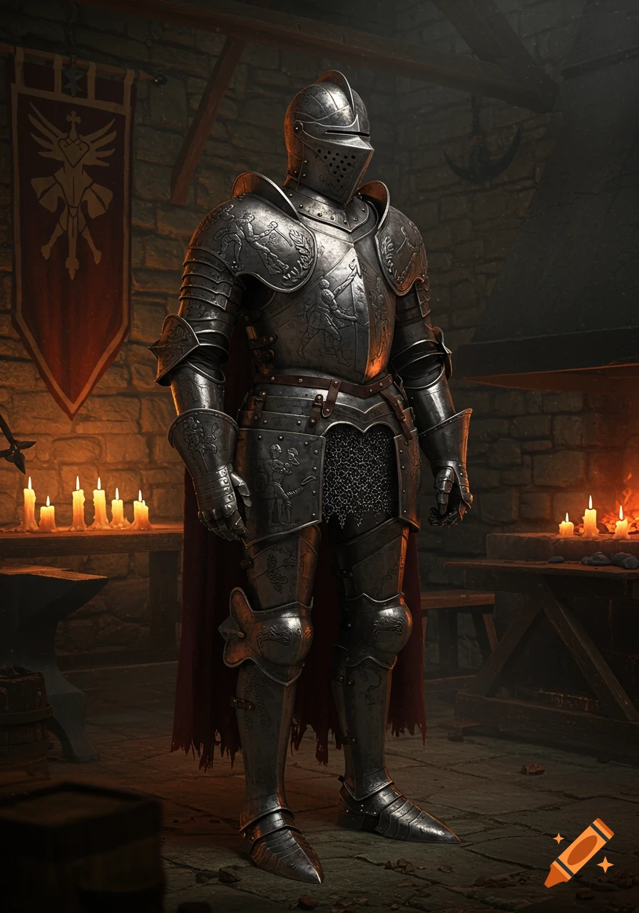 A knight in detailed, ornate plate armor stands in a dimly lit stone room with a banner and lit candles.