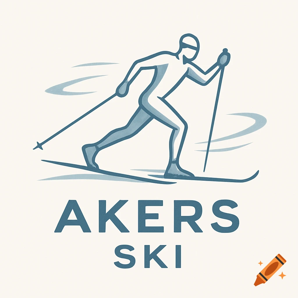 A minimalist blue and white logo of a cross-country skier with the words AKERS SKI below.