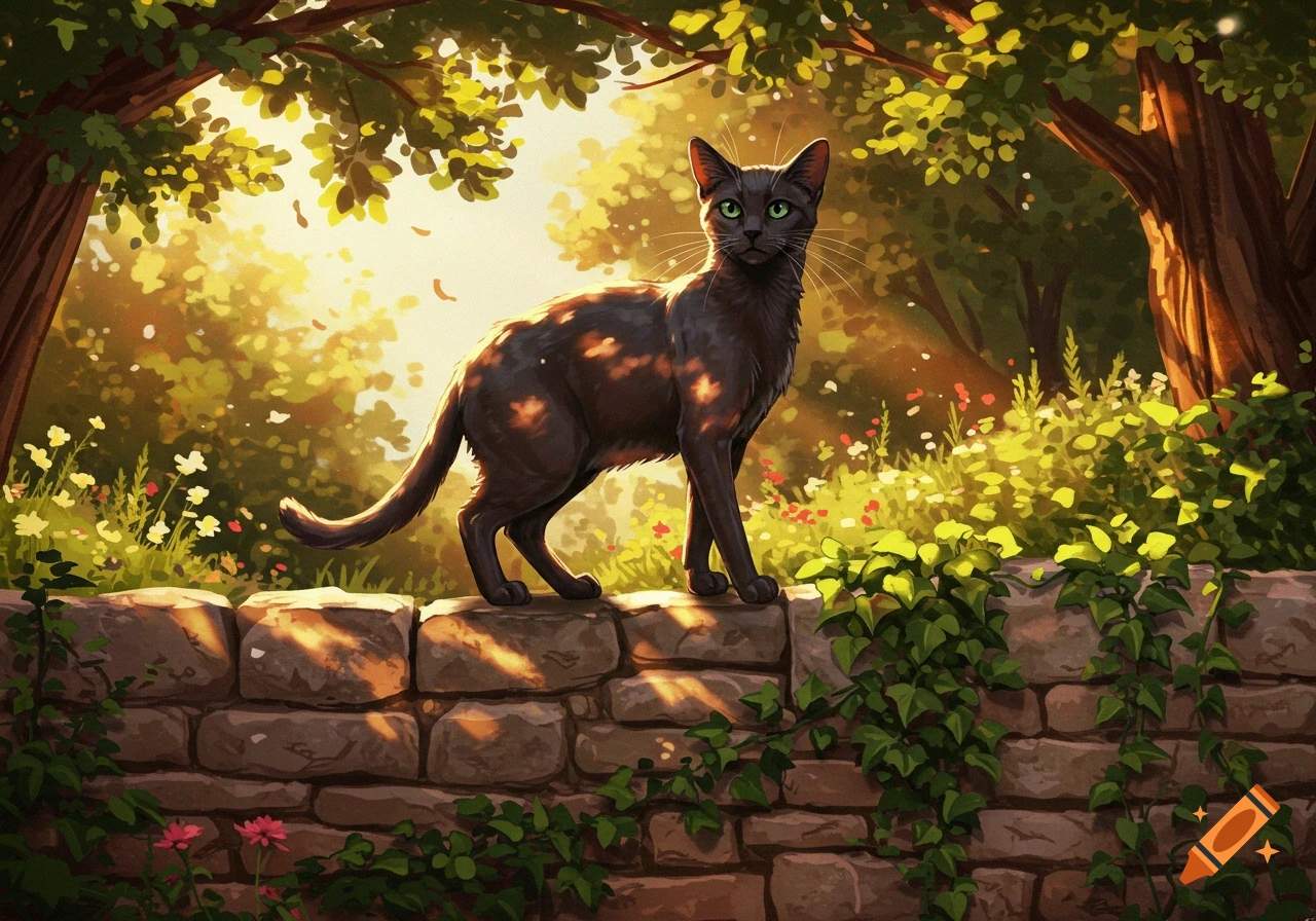 A black cat with green eyes stands on a stone wall in a sun-dappled garden.
