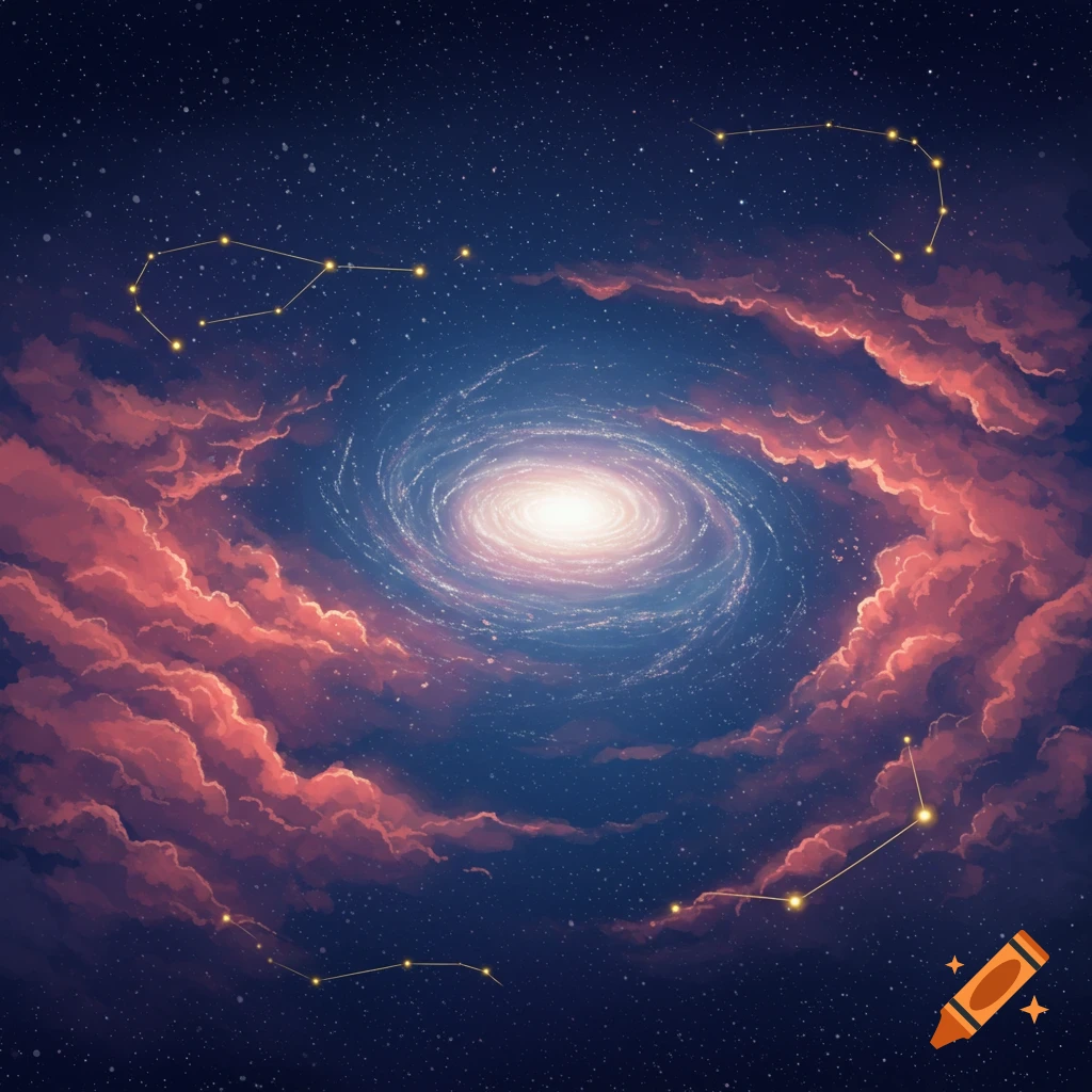 A vibrant spiral galaxy surrounded by swirling red cosmic clouds and constellations against a starry blue sky.
