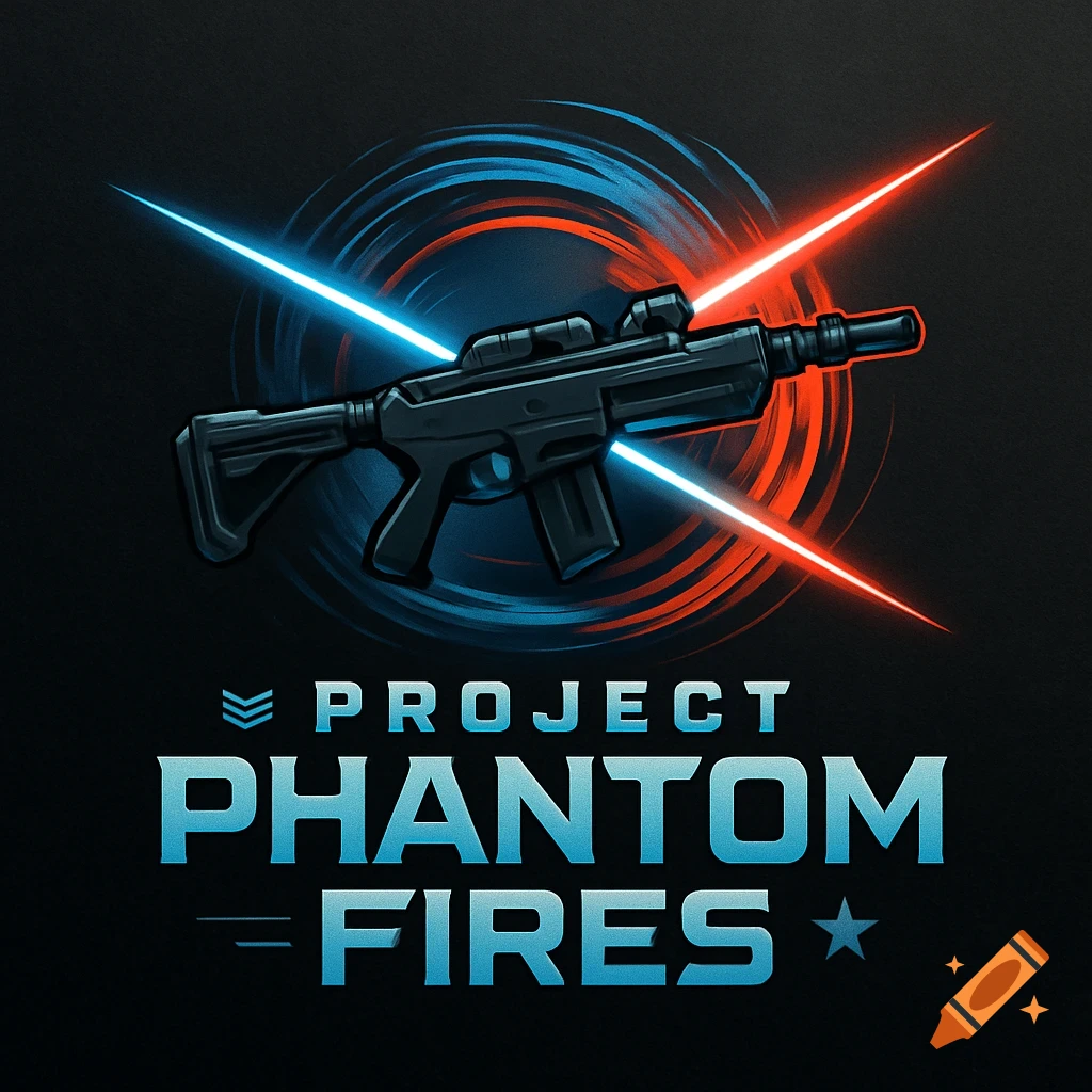 A program logo featuring a stylized dark gray rifle over swirling blue and red light trails, with 'PROJECT PHANTOM FIRES' text below.